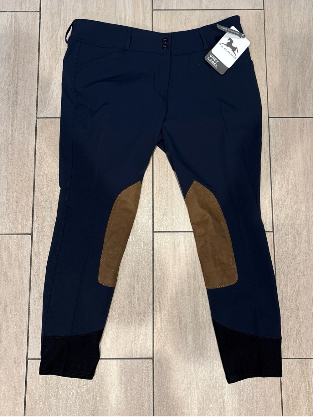Classic Navy Blue Equestrian Breeches with Brown Knee Patches